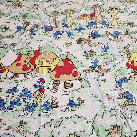 Vintage 1980s "Smurf Village " Twin Flat Bed Sheet Fabric - Picture 3 of 12